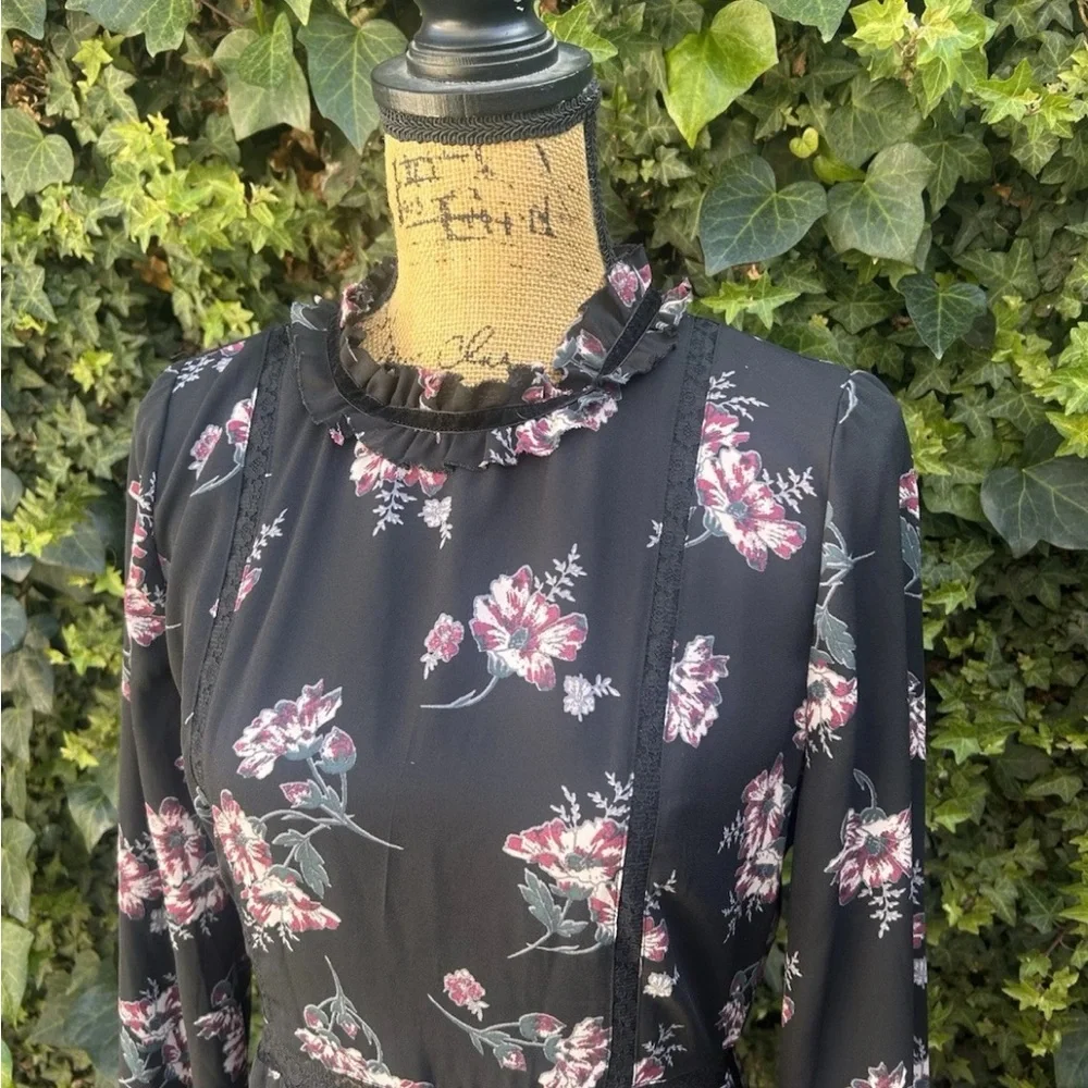 June & Hudson Black Maxi Dress Whimsigoth Boho Goth Floral Ruffles Lace Velvet - Picture 6 of 13